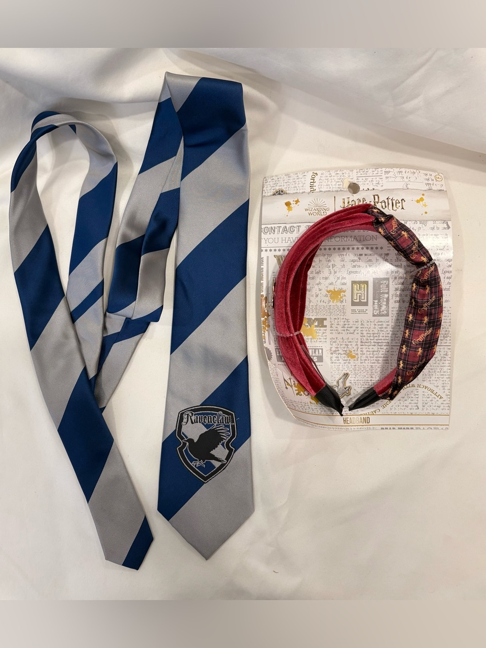 Harry Potter bundle. Ravenclaw blue and silver striped tie and Gryffindor velvet